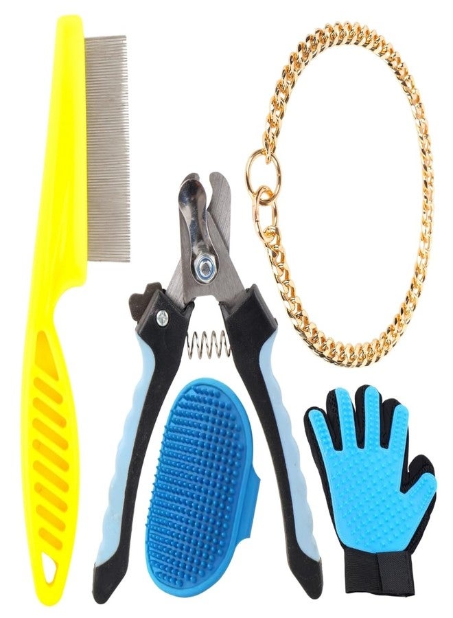 مجموعة أدوات العناية الاحترافية بالحيوانات الأليفة، مقص أظافر للكلاب مع واقي أمان، قفاز لإزالة الشعر الزائد ومشط معدني (عبوة من 5 قطع) - Image 1